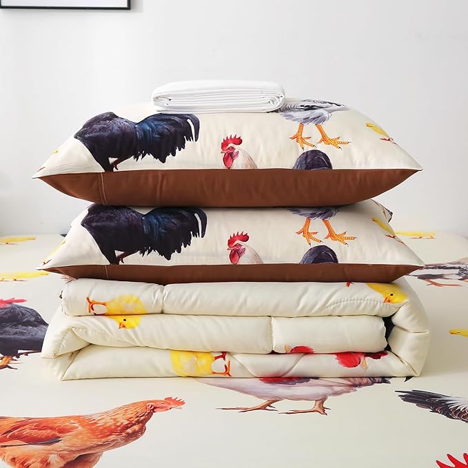 Wajade Chicken Comforter Set 7 Pcs Animal Theme Bedding Set Queen Size for Kids Adults Chicken Quilt Farm Theme Printed Pattern for Thanksgiving Birthday