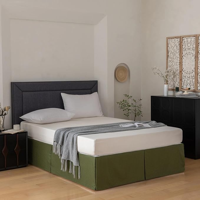 Full Bed Skirt, Wrap Around Bed Skirt with Pleated Corner, 18 Inch Drop Pleated Waffle Weave Bedskirts, Anti-Slip, Microfiber, Green, 18'' Full
