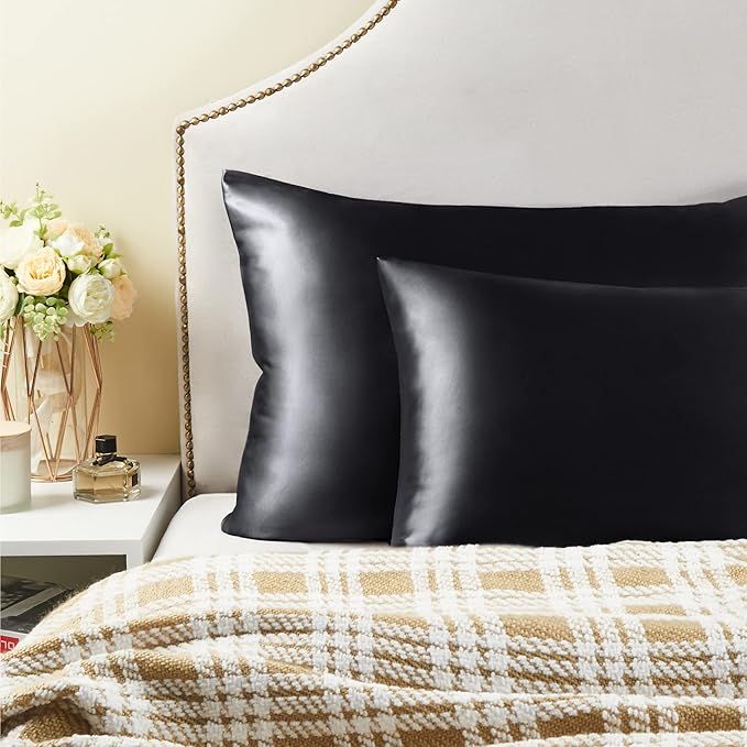 BEDELITE Satin Pillowcase for Hair and Skin, Super Soft and Cooling Similar to Silk Pillow Cases 2 Pack with Envelope Closure, Gift for Women Men(20"x26" Standard Size, Black)