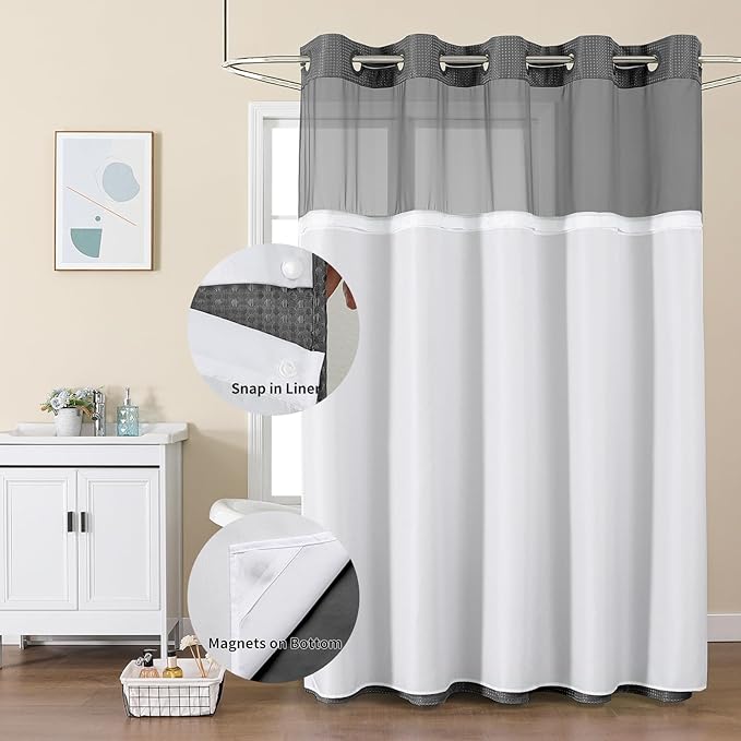 Colorful Star No Hook Waffle Shower Curtain with Snap in Fabric, Waterproof Shower Curtains with See Through Top Window, Small Stall Bathroom Curtain and Liner Set, 36'' x 75'', Charcoal Grey