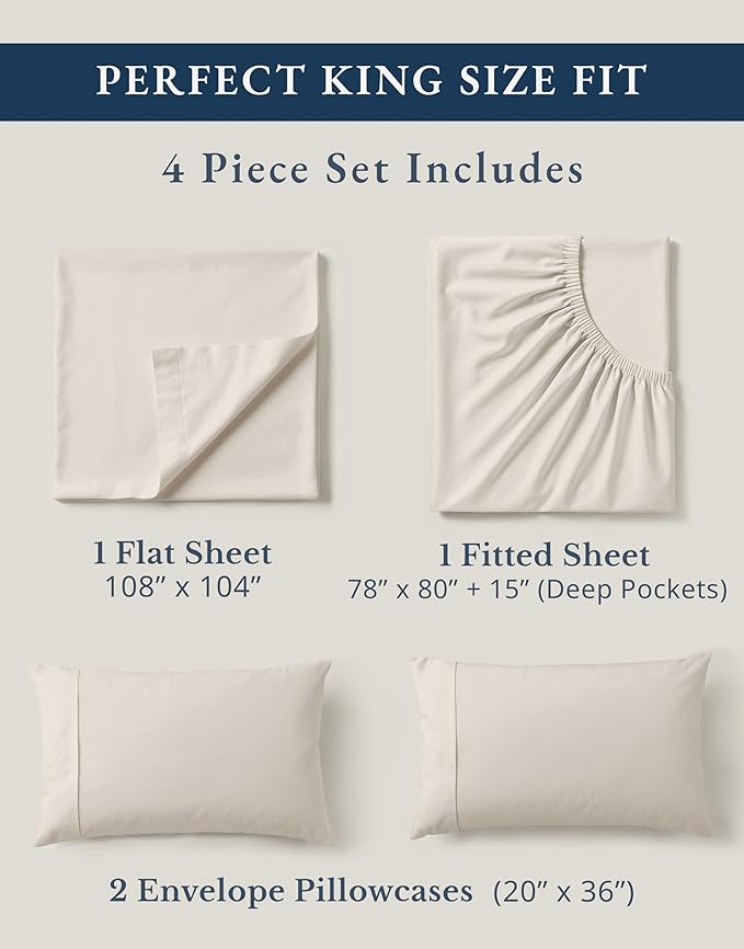 LANE LINEN 100% Organic Cotton King Bed Set, 4-Piece Cotton Bed Sheets, Crisp Percale Weave, Ultra Soft Bedding Sets & Collections, 15" King Size Sheets Deep Pocket Set - Glacier Grey