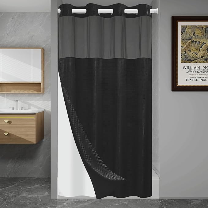 No Hook Shower Curtain with Snap in Liner Set Waffle Shower Curtain for Bathroom Hotel Style Fabric Waterproof Inner Liner，54" W x 80" H, Black