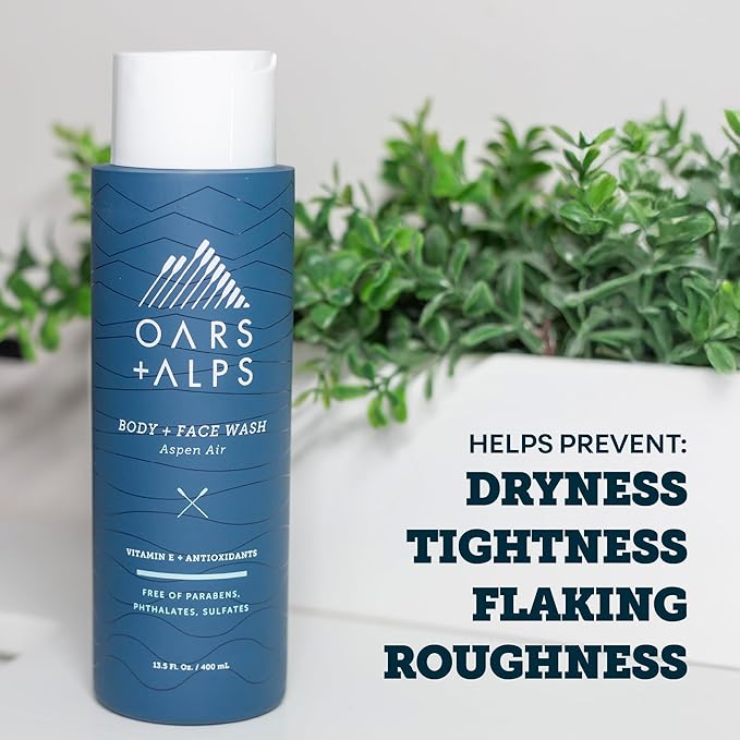 Oars + Alps Mens Moisturizing Body and Face Wash, Skin Care Infused with Vitamin E and Antioxidants, Sulfate Free, Aspen Air, 2 Pack