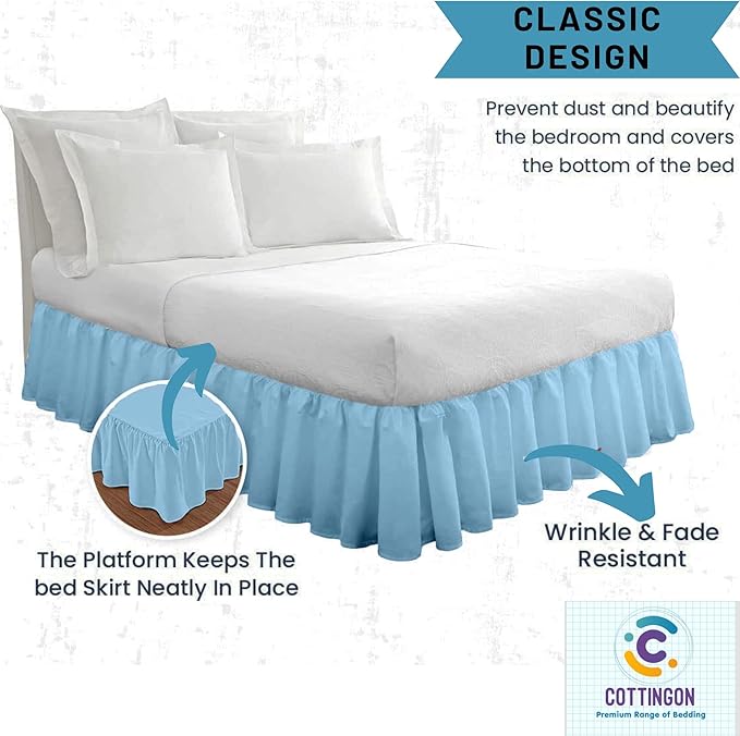 Cottingon Ruffled Bed Skirt with Split Corners-Dust Ruffle - 18" Drop 100% Microfiber Soft,Sheen & Luxurious Look - Bed Skirts (Light Blue -King)