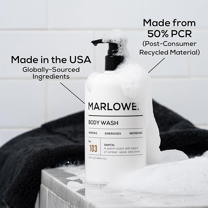 MARLOWE. No. 103 Body Wash 15 oz Pump, Santal, Energizing & Refreshing Shower Gel, Willow Bark & Green Tea Extracts, Cleanses, Moisturizes, Smooths & Nourishes, Warm Amber, Spice & Citron Scent