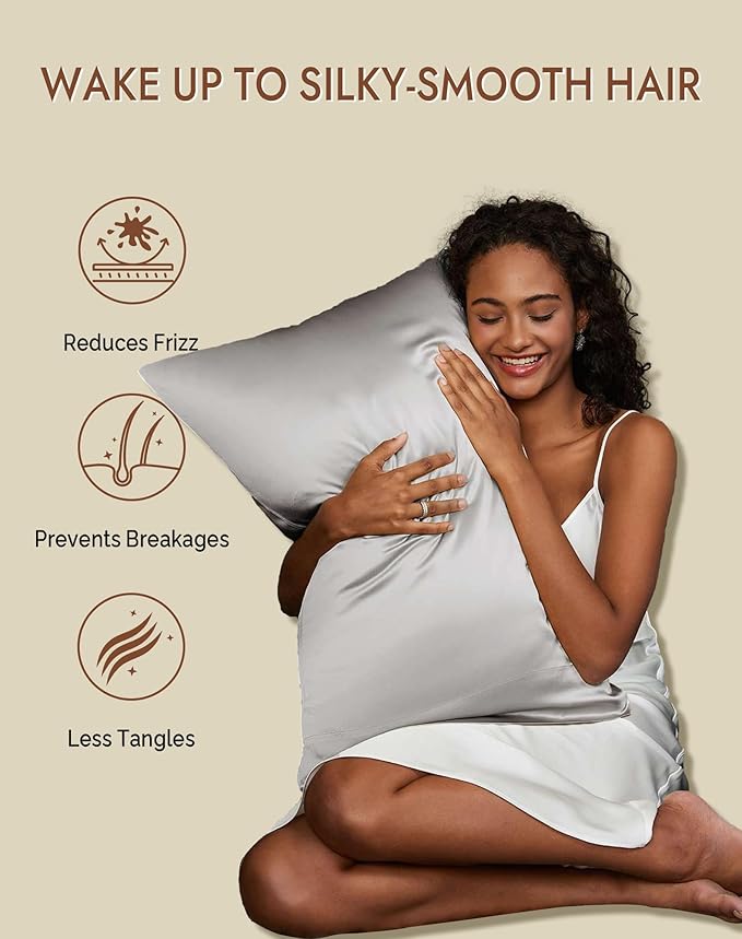 SilkSilky 100% Mulberry Silk Pillowcase - Pure 22 Momme High-Grade 6A Fibers for Hair & Skin, Envelope Closure, Natural, Organic, Breathable & Cooling Pillow Case (Queen, Silver)