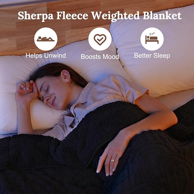 Sherpa Fleece Adult Weighted Blanket Great for Sleep, 15 lbs Dual Sided Soft Fuzzy Heavy Blankets for Couch Bed Sofa, Cozy Warm Fluffy Arched Jacquard Throw for Winter (Black, 60" x 80", 15 Pounds)