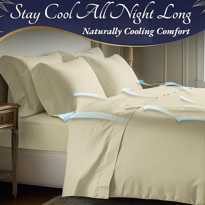 DECOLURE 100% Viscose Derived from Bamboo Sheets Full Size 4pcs - Ultra Soft & Luxuriously Cooling, 17" Deep Pocket, Double Stitching, Perfect for Hot Sleepers - Full Bed Sheets (Creme)