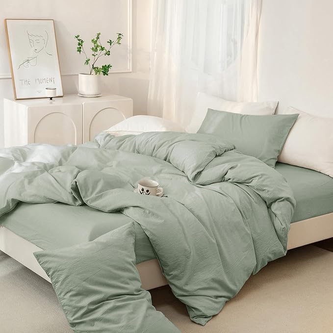 JIYUAN 100% Washed Cotton Duvet Cover Set 3 Pieces Super Queen, 1 Duvet Cover 90x98 Inches(Comforter Not Included) and 2 Pillowcases,Linen Feel Bedding Set Comfy and Breathable, Heathered Sage Green