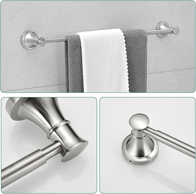 Hoimpro Brushed Nickel 4-Piece Bathroom Bath Set, Wall Mount Bathroom Hardware Fixture (Adjustable Towel Bar Rack, Towel Ring Holder, Paper Towel Holder, Double Towel Hook), Bathroom Accessories