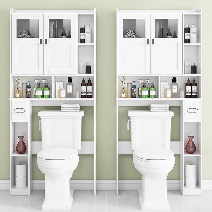 Vabches Over The Toilet Storage Cabinet, Bathroom Shelf Over Toilet with Glass Doors and Adjustable Shelves, White Freestanding Home Space Save Toilet Rack for Restroom, Bathroom, Laundry