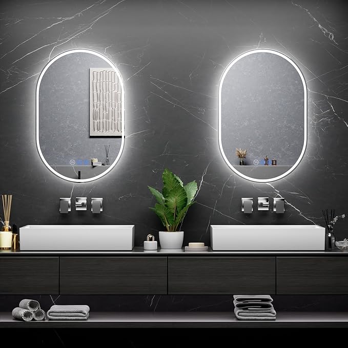 Bathroom Mirror 24"x36" LED Bathroom Mirror with Lights, Anti-Fog, Dimmable Oval Mirrors with Front Light and Backlit, Modern Farmhouse Wall Mounted Mirror for Decorative