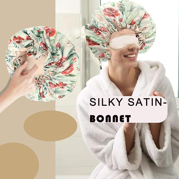 Satin bonnet for women 2PCS silk hair bonnet cap reversible for sleeping Adjustable Night sleep cap for curly natural hair double-layer and Washable (White Green flower)