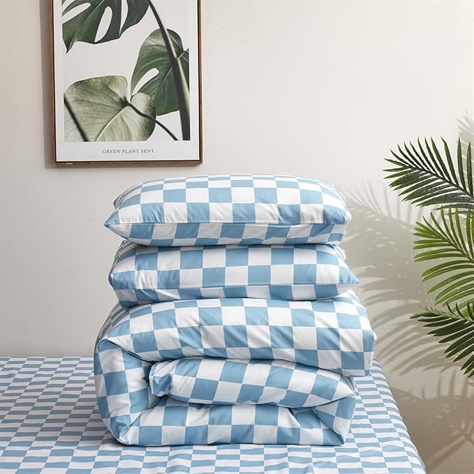 karever Blue White Grid Comforter Set Queen Blue Plaid Bedding Set Women Blue and White Checkered Bed Comforter Set Breathable Blanket Set Men Durable Bedding Comforter Set,Queen(90''*90'')