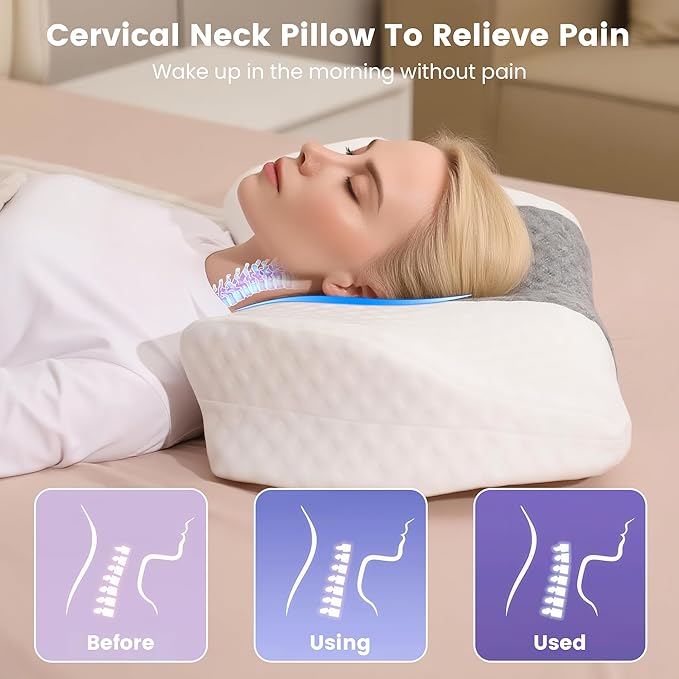 TOPPURE Cervical Neck Pillow with Breathable Pillowcase, Memory Foam Pillow Supportive for Neck & Shoulder Pain Relief for Side, Back, Stomach Sleepers(White&Grey)