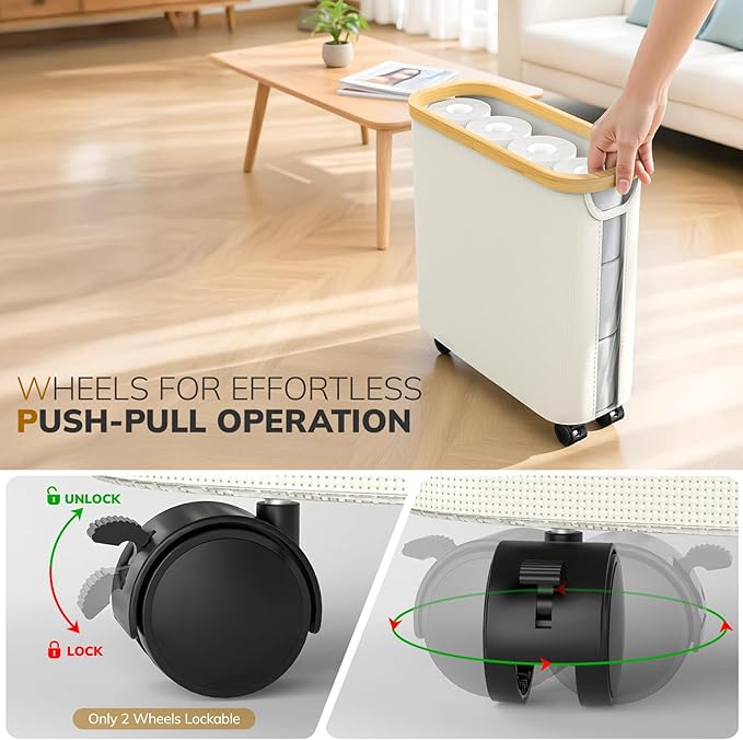 Toilet Paper Storage with Wheel Bamboo Toilet Paper Holder with Lid and Handle Toilet Papers Organizer for Bathroom Free Standing 30L Papers Basket for 9-12 Rolls Bathroom Accessories, Beige