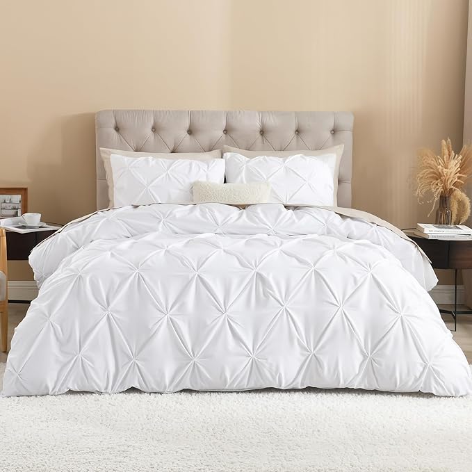 Litanika White Queen Pinch Pleat Duvet Cover, 3 Pieces Pintuck Cover Soft Microfiber Bedding Set with Zipper Closure & Corner Ties(90x90Inch-1 Duvet Cover, 2 Pillowcases)