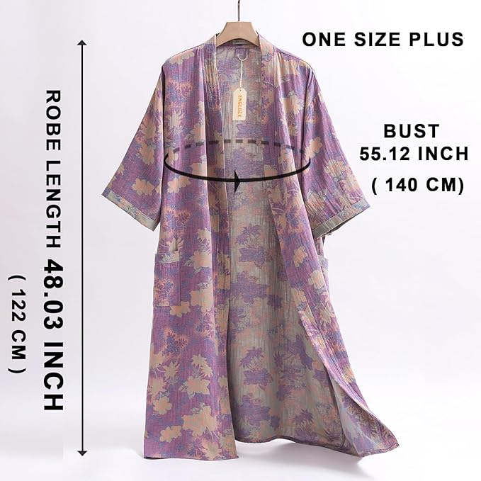 Women Cotton Double Gauze Jacquard Kimono Robe Bathrobe with Belt Pocket Comfortable Loungewear Yukata Sleepwear