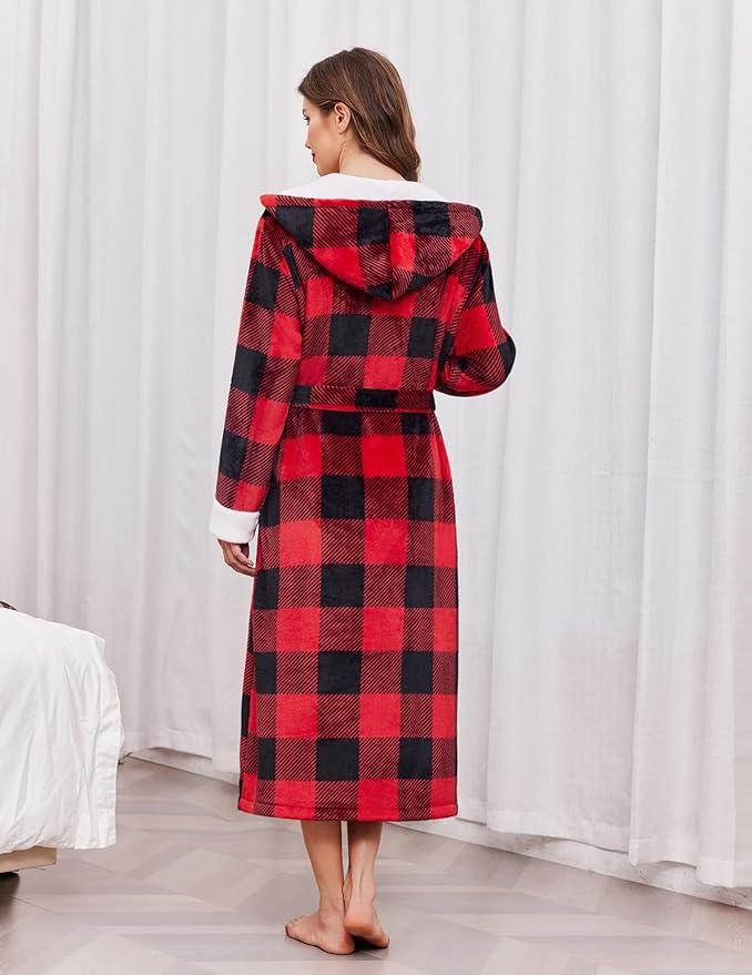 Ekouaer Womens Plush Robes Long Soft Jacquard Fluffy Bathrobe Hooded Robe Sleepwear with Pockets