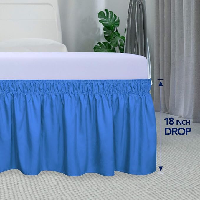 PureFit Wrap Around Ruffled Bed Skirt with Adjustable Elastic Belt - 18 Inch Drop Easy to Put On, Wrinkle Free Bedskirt Dust Ruffles, Bed Frame Cover for Twin,Twin XL and Full Size Beds, Blue