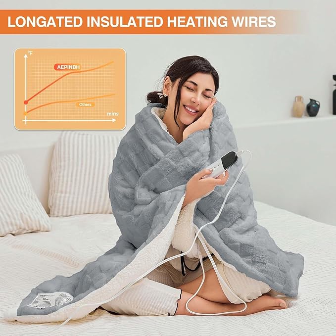 Electric Blanket, Heated Blanket with 6 Heat Levels & 10 Hours Auto Off, Soft Checked Flannel Fast Heating Blanket with ETL & FCC Certification (Gray, 90"X100")