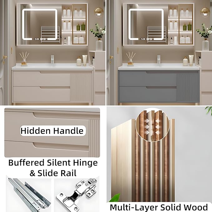 Cream Grey Sophisticated Bathroom Vanity - Bathroom Vanity with Smart Storage & Mirror Cabinet, Defogging, LED Light | Wall-Mounted Bathroom Storage Cabinet & Bathroom Vanity with Sink (Grey, 36IN)