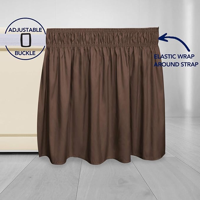 PureFit Wrap Around Ruffled Bed Skirt with Adjustable Elastic Belt - 18 Inch Drop Easy to Put On, Wrinkle Free Bedskirt Dust Ruffles, Bed Frame Cover for Twin,Twin XL and Full Size Beds, Brown