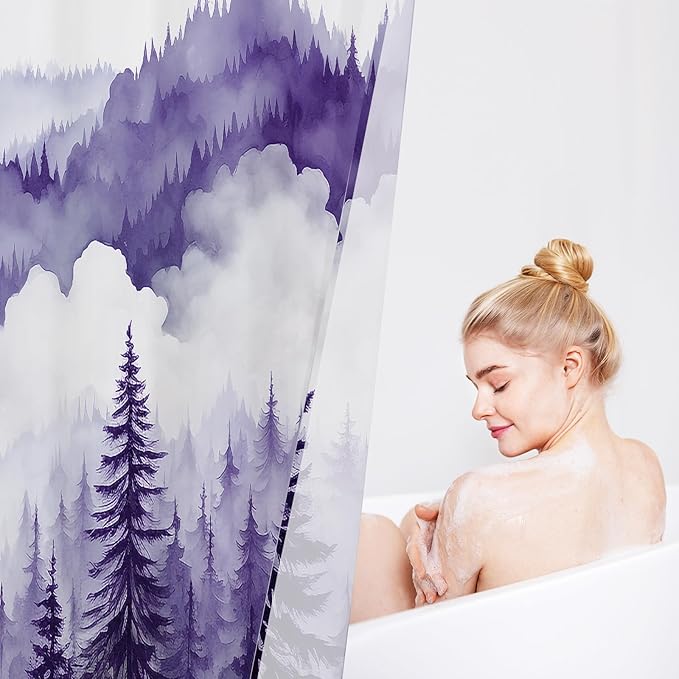 Purple Long Misty Pine Forest Shower Curtain 72 x 78, Mountain Foggy Woodland Scenery Tree 78 Inch Long Shower Curtains for Bathroom, Abstract Waterproof Nature-Themed Decor