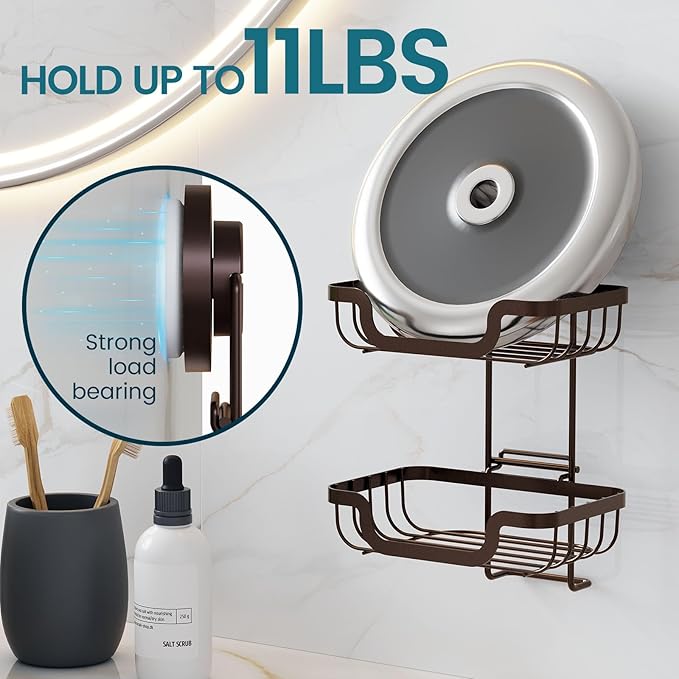 TAILI Double Layer Soap Holder, Bar Soap Dish Suction Cup for Shower Wall, Draining Saver Tray for Bathroom, Rustproof Stainless Steel Sponge Holder for Tub, Kitchen, Drill-Free, Brown