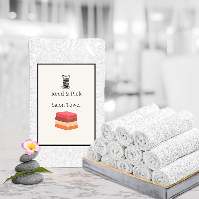 Reed&Pick Salon Towels – 50 Pack White Hand Towels 100% Cotton Spa Towel – 16x27 inches Highly Absorbable Facial, Gym, Hair, Face, Bulk Small Towels