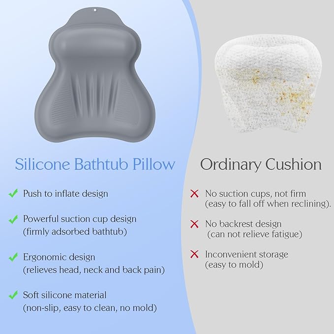 Silicone Bath Pillow, New Material Bath Pillows for Tub Head Neck and Back Support, Bath Tub Pillow with 4D Press Inflatable Airbag and Non-Slip Strong Suction Cups, Quick-Drying, Easy to Store, Gray