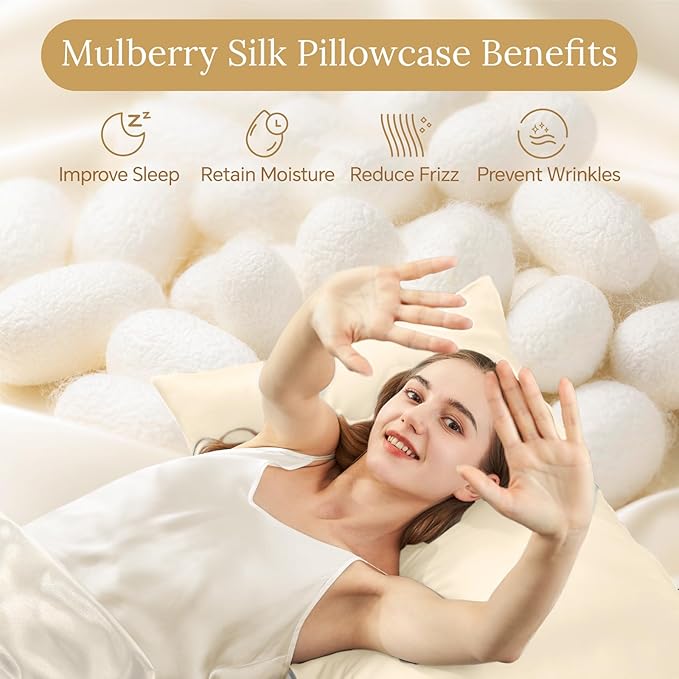 INFIIXSO Mulberry Silk Pillowcase for Hair and Skin, Silk Pillow Cases Queen Size Set of 2 with Hidden Zipper 20x30 Inches, Ultra Smooth and Soft Cooling Pillow Cases for Hot Sleepers(Ivory, 2 Pack)
