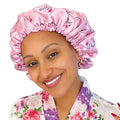 Satin Shower Cap for Women, Reusable and Waterproof Shower Cap for Long Hair, Luxury Print and Double Layer (Pink, Large)