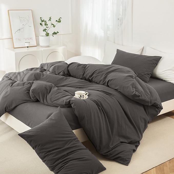 JIYUAN 100% Washed Cotton Duvet Cover Set 2 Pieces Twin, 1 Duvet Cover 68x90 Inches(Comforter Not Included) and 1 Pillowcases,Linen Feel Bedding Set Comfy and Breathable,Solid Dark Grey