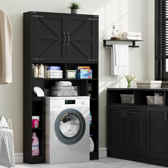 Over The Toilet Storage Cabinet, Farmhouse Storage Cabinet Over Toilet with 2 Barn Doors ，Toilet Paper Holder Stand，Home Space-Saving Toilet Rack, for Laundry, Restroom, Bathroom.Black