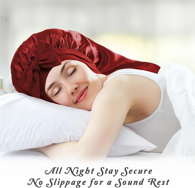 Long Satin Bonnet with Tie Band for Sleeping Women - Silk Sleep Bonnet for Curly Hair and Braids