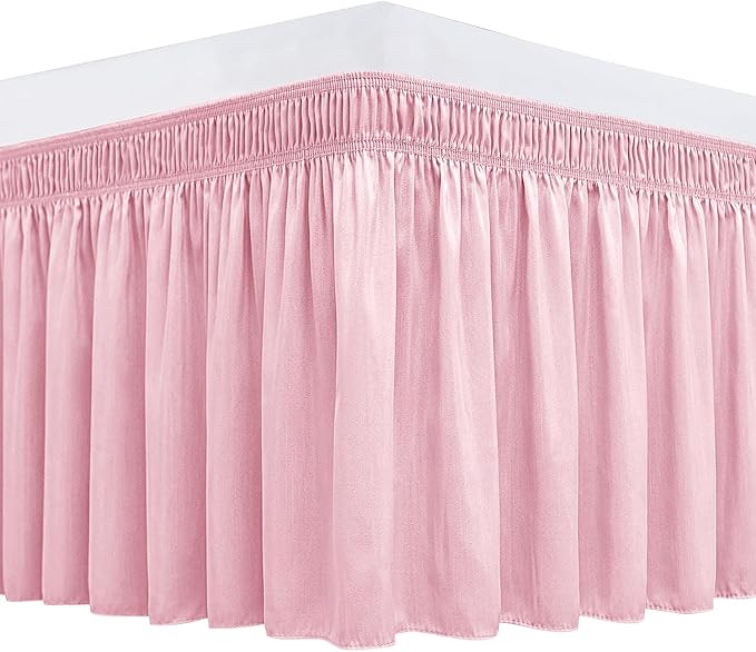 Biscaynebay Wrap Around Bed Skirts for Queen Beds 15" Drop, Pink Adjustable Elastic Dust Ruffles Easy Fit Wrinkle & Fade Resistant Silky Luxurious Fabric Machine Washable