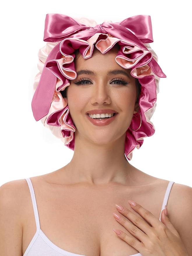 Bonnet for Sleeping, Satin Silk Hair Shower Cap Women 2025 Tie Band Adjustable Straps Head Wrap for Curly Hair Pink F