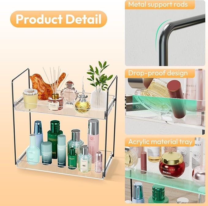 Bathroom Countertop Organizer, 2 Tier Acrylic Tray Vanity Counter Skincare Organizer Shelf, Home Storage Holder for Lotion Makeup Cosmetics Perfume Spice, Black+Clear