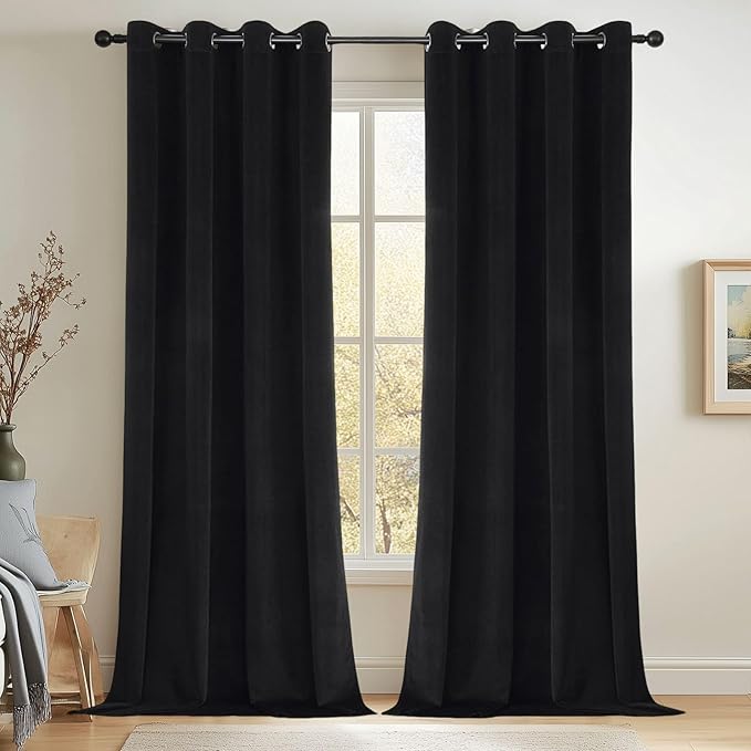 Joydeco Black 100% Blackout Curtains 84 Inch 2 Panels, Luxury Thermal Insulated Black Velvet Curtains for Bedroom Living Room, Soundproof Blackout Window Drapes, Grommet Top (52W x 84L)