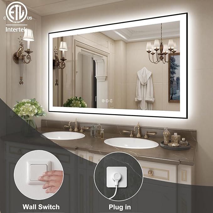 SMIROR 66x36 Black Frame LED Mirrors for Bathroom Wall, Large Lighted Vanity Mirrors, Dimmable, Anti-Fog, Memory, Shatterproof, ETL Listed (Front Lights and Backlit)