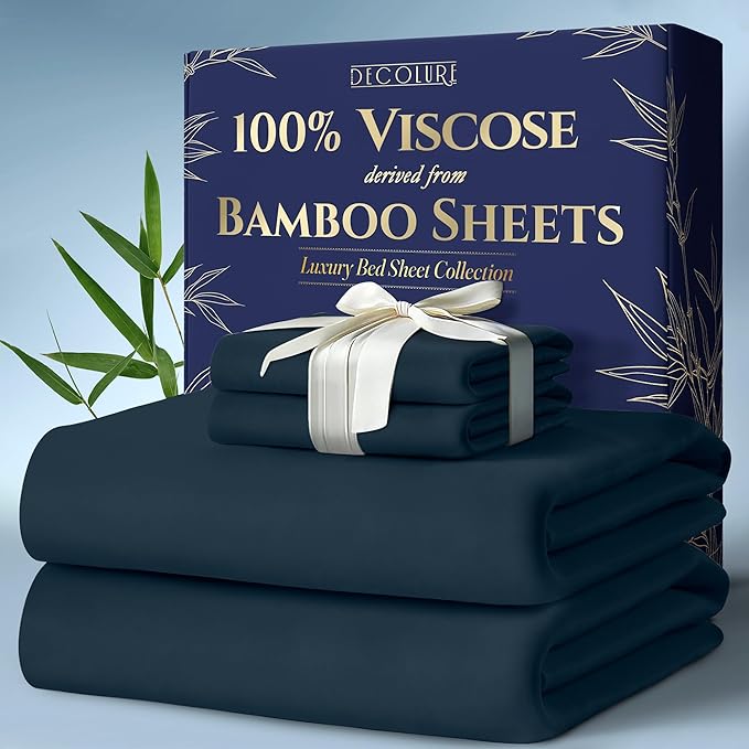 DECOLURE 100% Viscose Derived from Bamboo Sheets Full Size 4pcs - Ultra Soft & Luxuriously Cooling, 17" Deep Pocket, Double Stitching, Perfect for Hot Sleepers - Full Bed Sheets (Navy Blue)