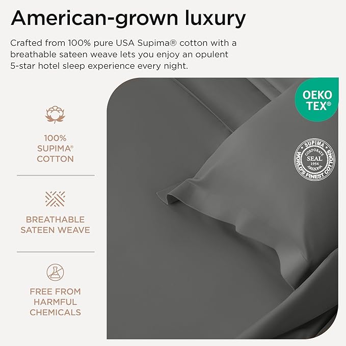 Threadmill Certified 100% American Supima Cotton Sheets, 1000 Thread Count King Size Sheets, 4 Pc Luxury Bed Sheets Set, Hotel Quality Sateen Weave, Dark Grey Sheet with Elasticized Deep Pocket