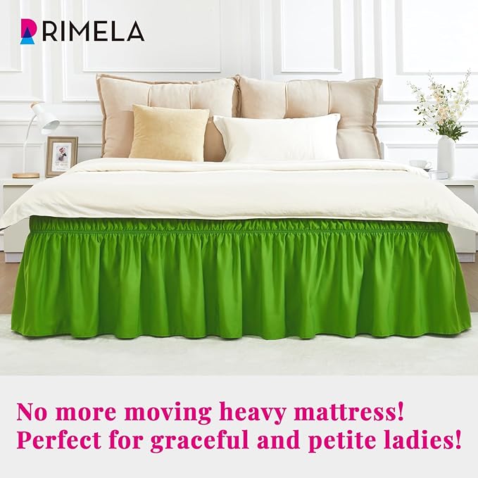 RIMELA Green Bed Skirt King Size 15 Inch Drop, Elastic Bed Skirting for Bed Base and Frame, Bedding Dust Ruffle Easy to Install, Lightweight Wrap Around Adjustable Bedskirt