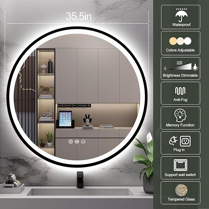 S·BAGNO 36’’ Round Led Bathroom Mirror with Lights, Bathroom Vanity Wall Mirror with Buletooth, Anti-Fog, Stepless Dimmable, 3 Colors, Tempered Glass Lighted Makeup Mirror for Bathroom