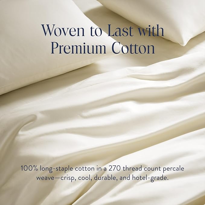 Brooklinen Luxury Percale Duvet Cover – 100% Cotton, Cool, Crisp, Extra-Long Corner Ties, Button Closure, Soft & Breathable – Machine Washable, Duvet Cover Full/Queen Bed Sizes (Cream)