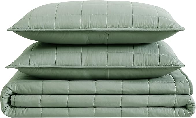 LONDON FOG Garment Washed Solid Quilt Set Green Microfiber 3-Piece King Quilt Set, Solid Themed, Adult and Teen, Oeko-TEX Certified