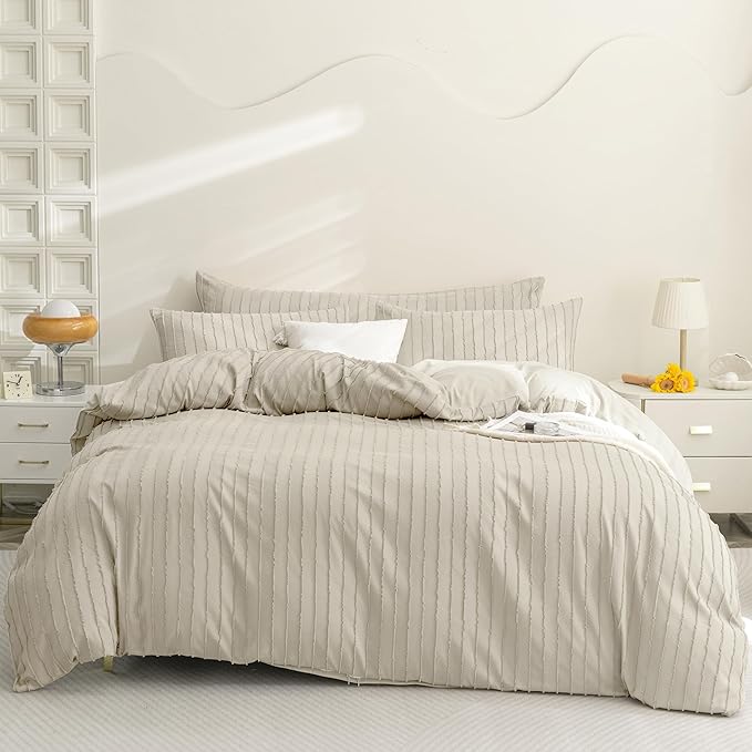 JELLYMONI Duvet Cover Twin Size Light Khaki - 3PCS Boho Striped Duvet Cover Set Polyester Tufted Bohemian Textured Comforter Cover 68×90in with Corner Ties & Zipper and 2 Pillowcases