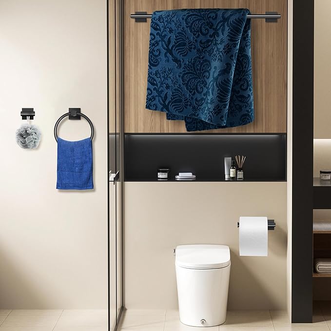 Bathroom Hardware Set 4 Pieces, Matte Black Stainless Steel Towel Bar Set, Includes 24In Towel Bar, Towel Ring, Robe Towel Hooks,Toilet Paper Holder, Wall Mounted Towel Rack Set
