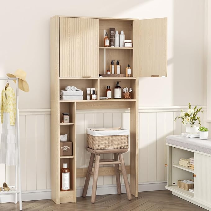 31" W Over The Toilet Storage Cabinet with Fluted Door, Oak Bathroom Organizer with Adjustable Shelf, Natural Toilet Paper Holder Stand Wave Door for Restroom, Laundry Room
